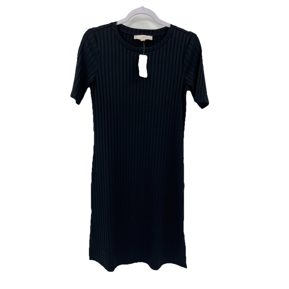 NWT Womens Black Loft Ribbed Dress Midi Short Sleeve Round Neck Size S Petite SP